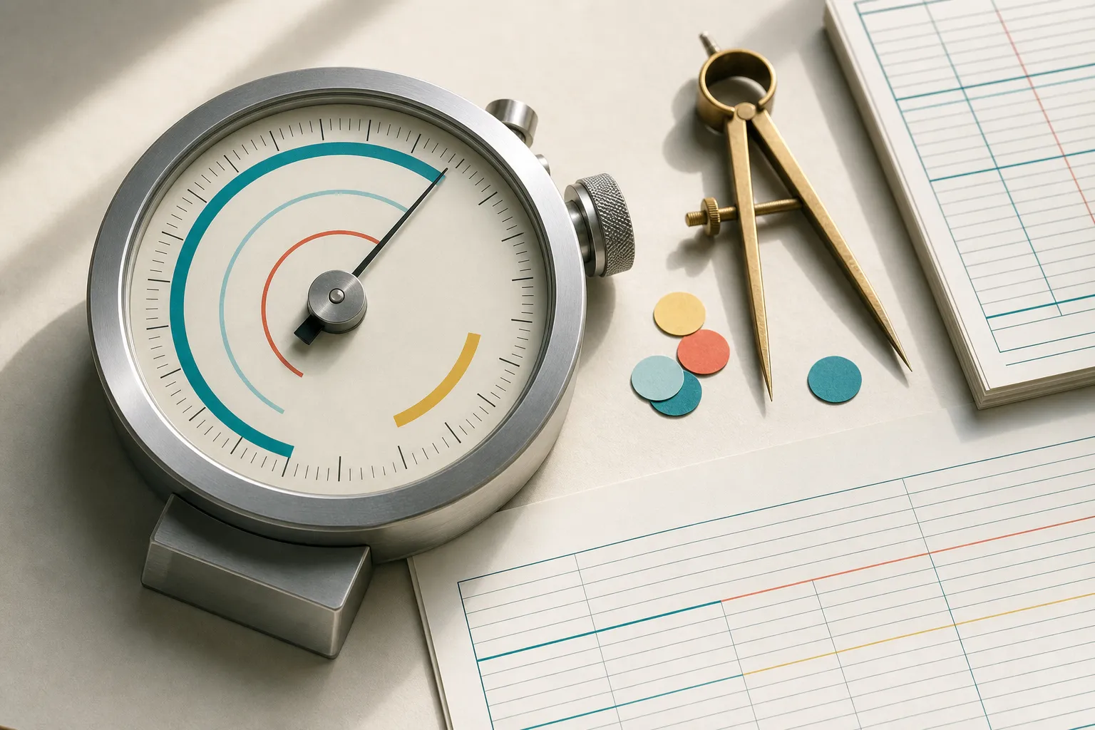 A precision dial and colored counters used to evaluate analytics tradeoffs.