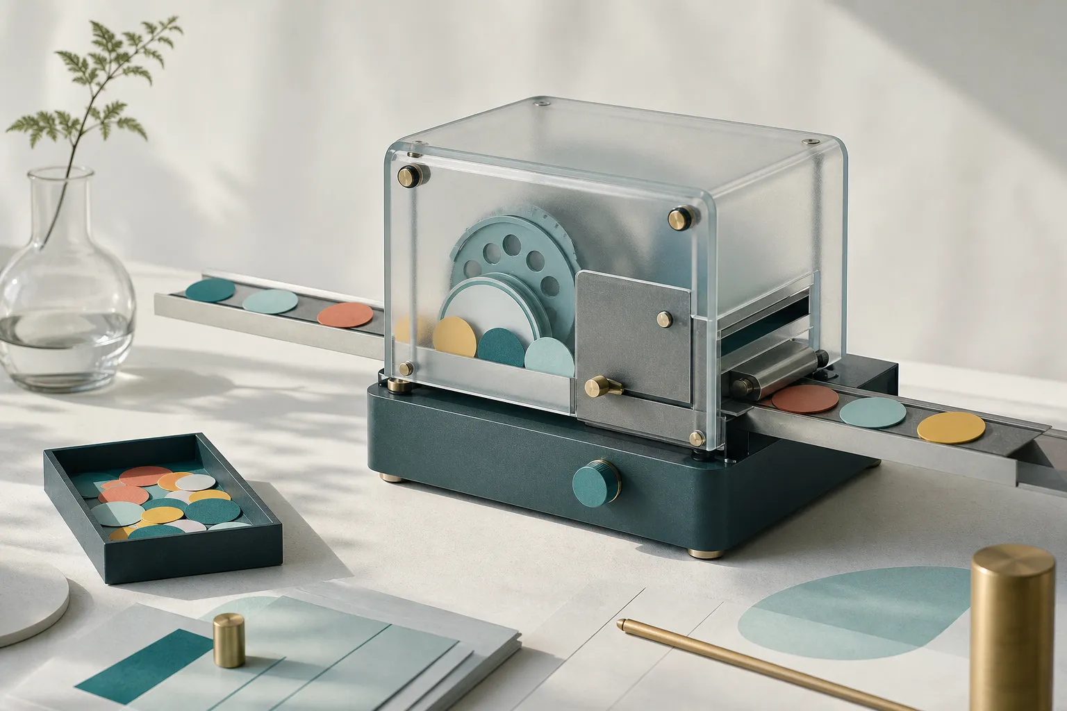 Anonymous colored paper tokens moving through a transparent mechanical counter.
