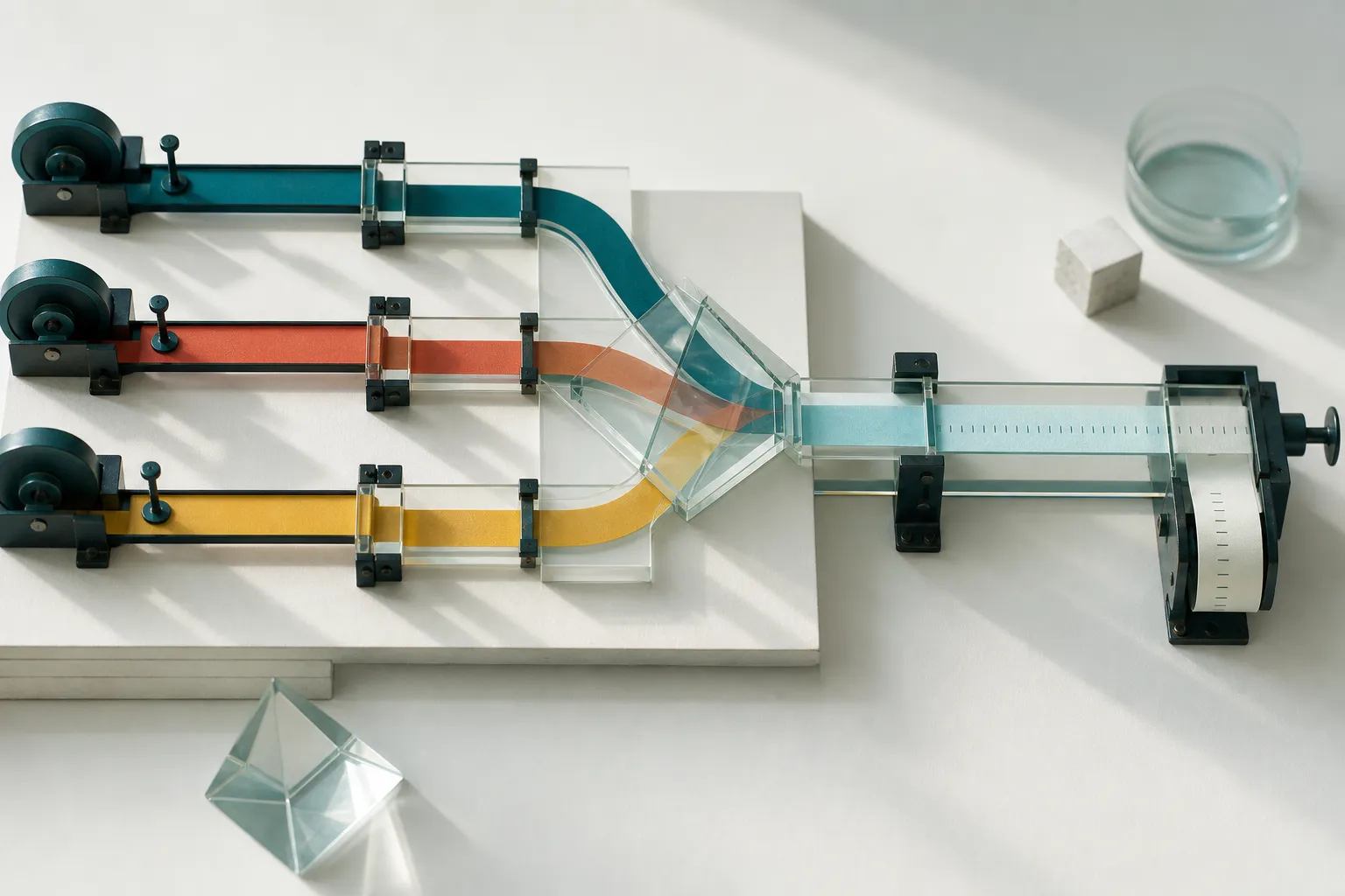 Colored paper signal channels converging through a transparent routing prism.