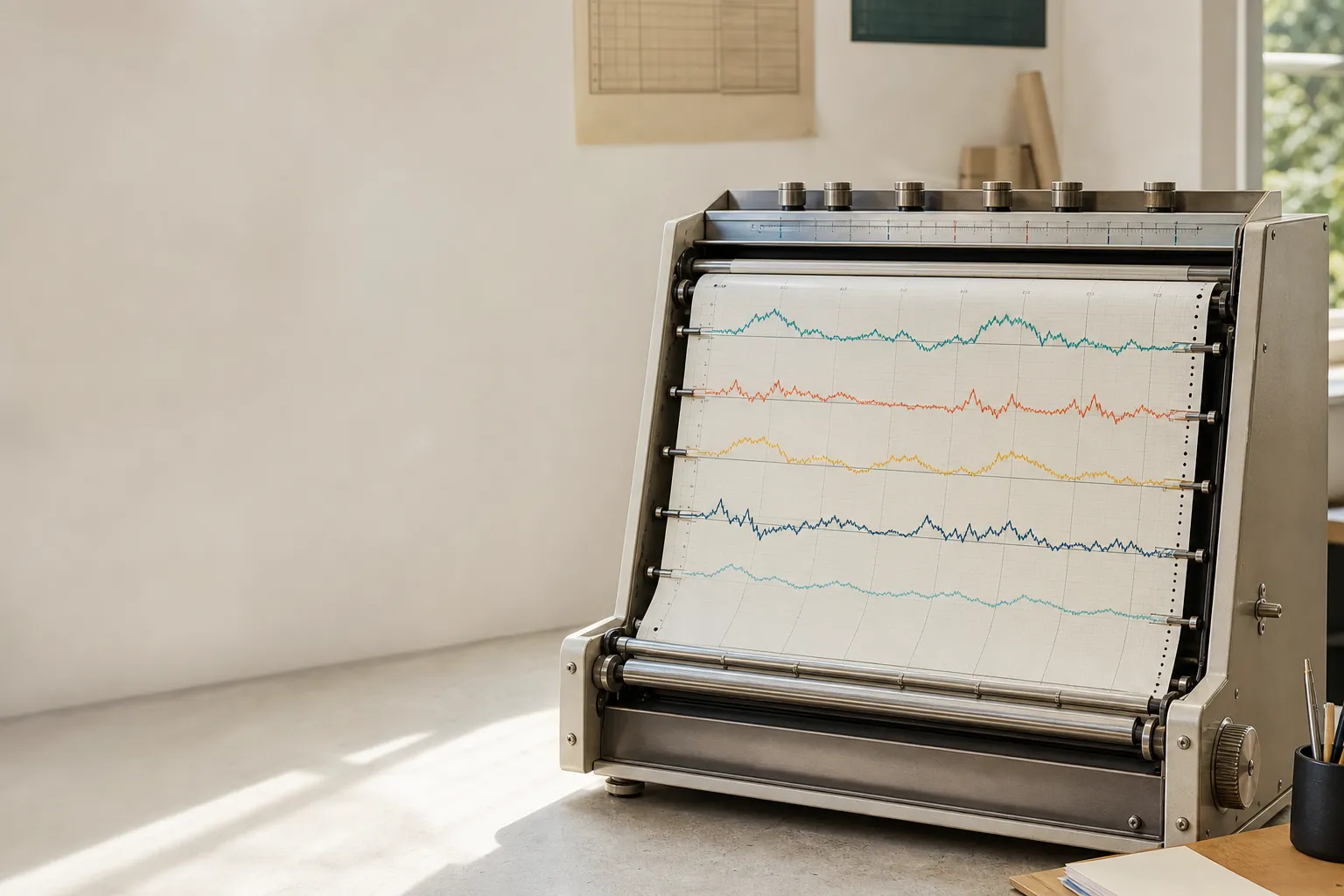 Analog strip-chart recorder drawing several colored signal traces on paper.